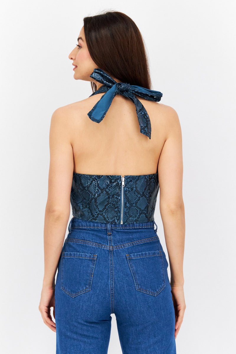 Missguided Women Halter Neck Sleeveless Snakeskin Crop Top, Teal Blue - Image 2